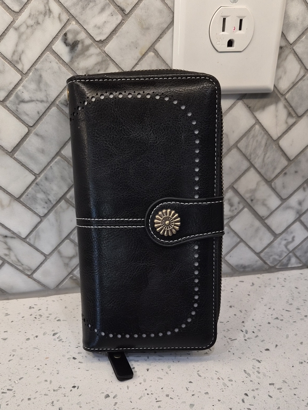 Black Faux Leather Snap Wallet with Decorative Studs